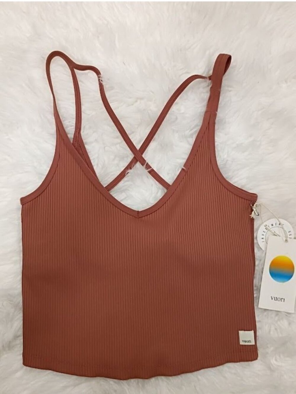 Vuori Womens Ribbed Cross-Back Tank Top Dusty Rose S